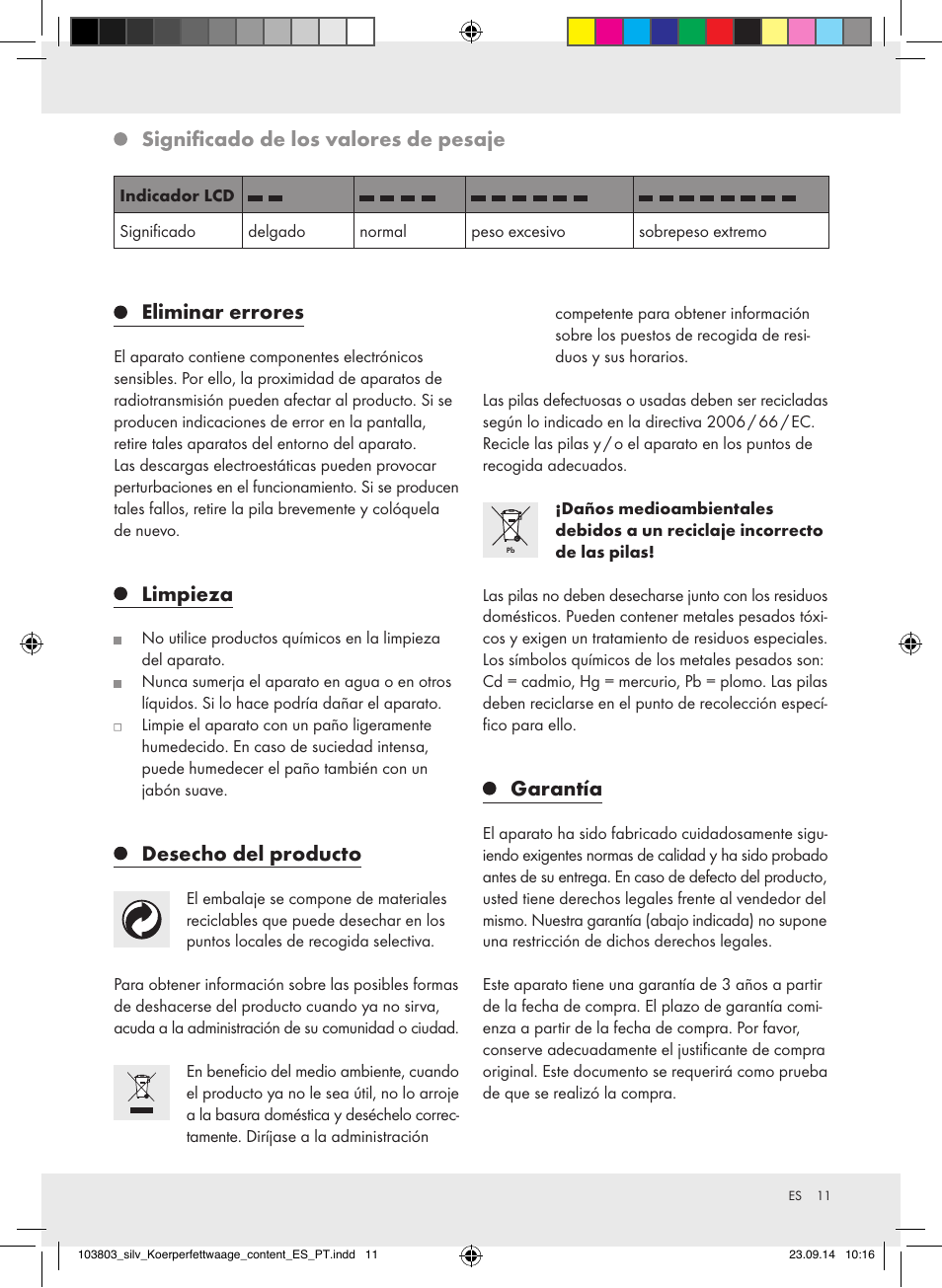 Significado de los valores de pesaje, Eliminar errores, Limpieza | Desecho del producto, Garantía | Silvercrest 103803-14-01/103803-14-02 User Manual | Page 11 / 43