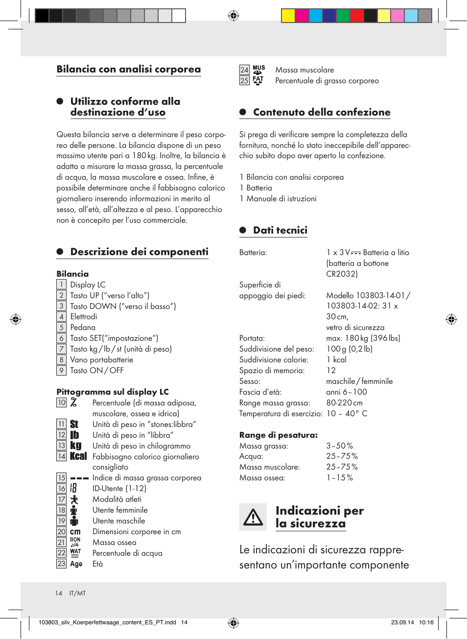 Descrizione dei componenti, Contenuto della confezione, Dati tecnici | Silvercrest 103803-14-01/103803-14-02 User Manual | Page 14 / 43