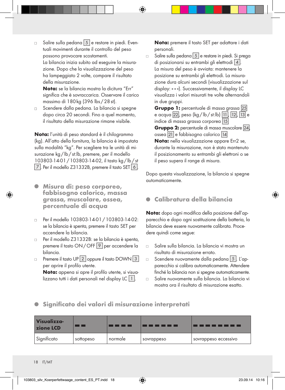 Calibratura della bilancia, Significato dei valori di misurazione interpretati | Silvercrest 103803-14-01/103803-14-02 User Manual | Page 18 / 43