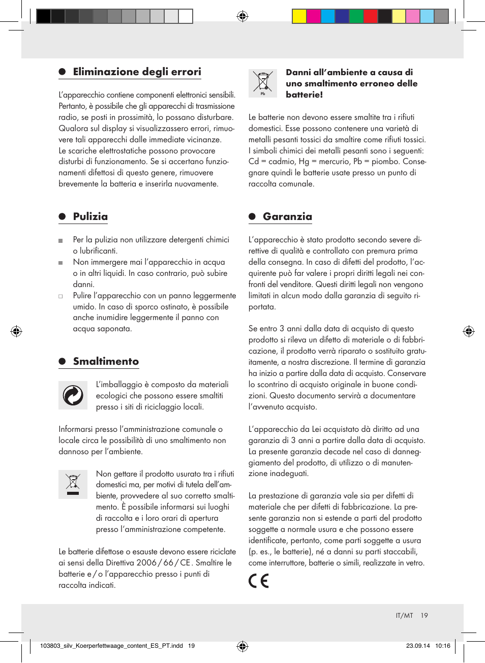Eliminazione degli errori, Pulizia, Smaltimento | Garanzia | Silvercrest 103803-14-01/103803-14-02 User Manual | Page 19 / 43