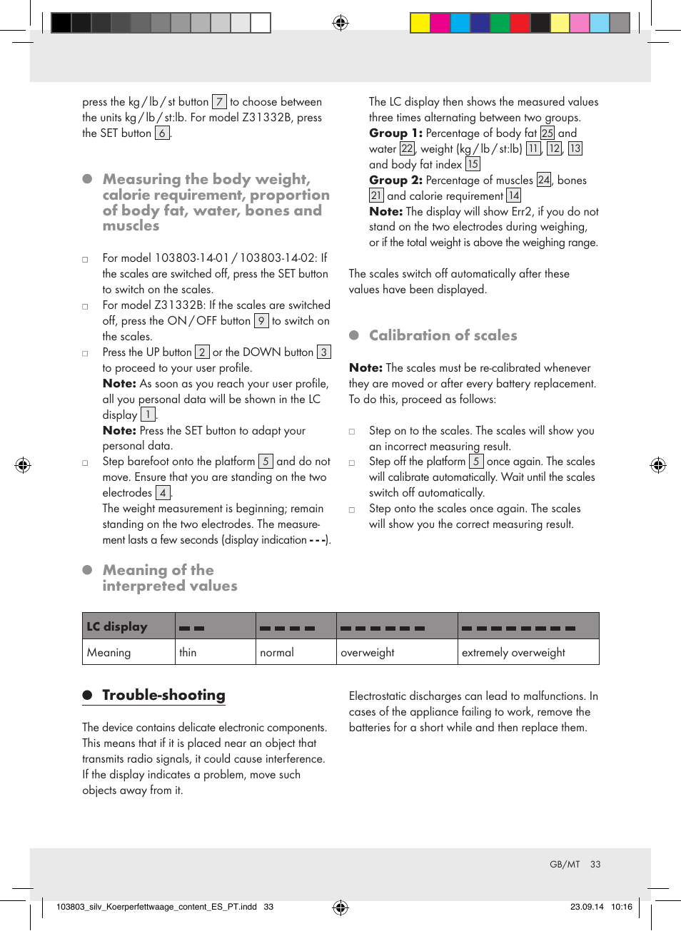 Meaning of the interpreted values, Calibration of scales, Trouble-shooting | Silvercrest 103803-14-01/103803-14-02 User Manual | Page 33 / 43