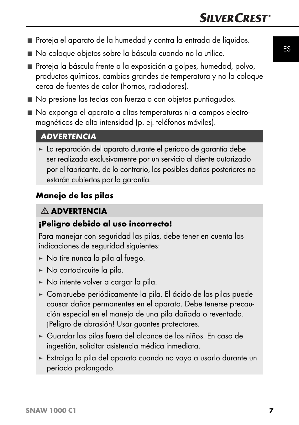 No tire nunca la pila al fuego, No cortocircuite la pila, No intente volver a cargar la pila | Silvercrest SNAW 1000 C1 User Manual | Page 10 / 183