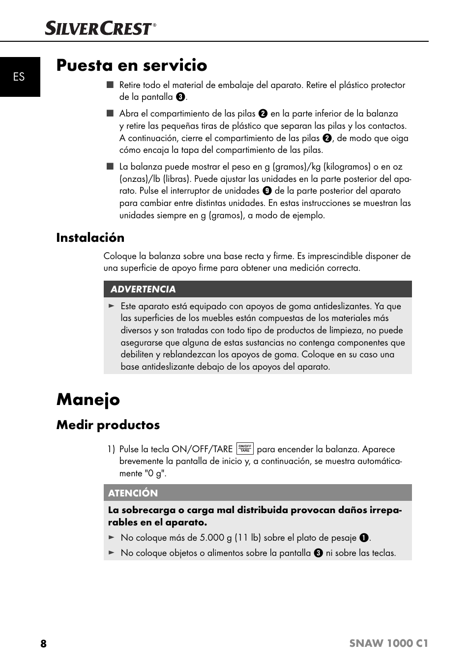 Puesta en servicio, Manejo, Instalación | Medir productos | Silvercrest SNAW 1000 C1 User Manual | Page 11 / 183