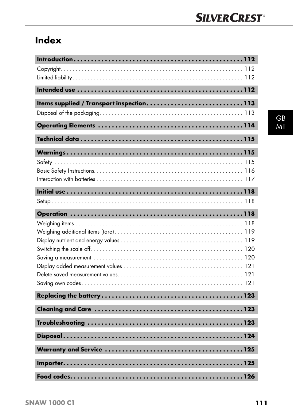 Index, Gb mt | Silvercrest SNAW 1000 C1 User Manual | Page 114 / 183