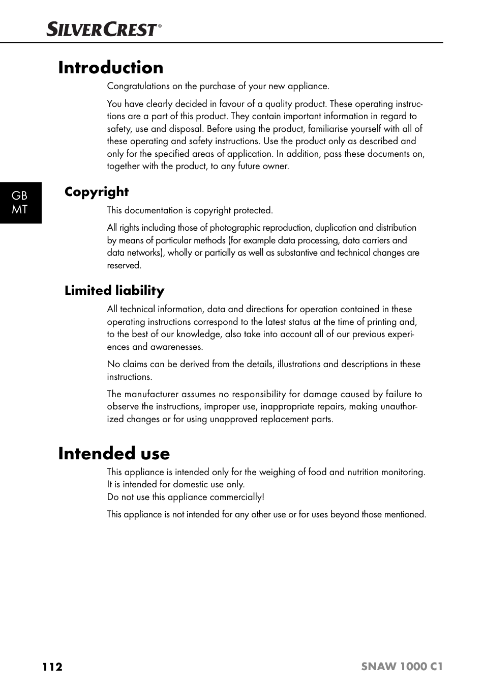 Introduction, Intended use, Copyright | Limited liability | Silvercrest SNAW 1000 C1 User Manual | Page 115 / 183