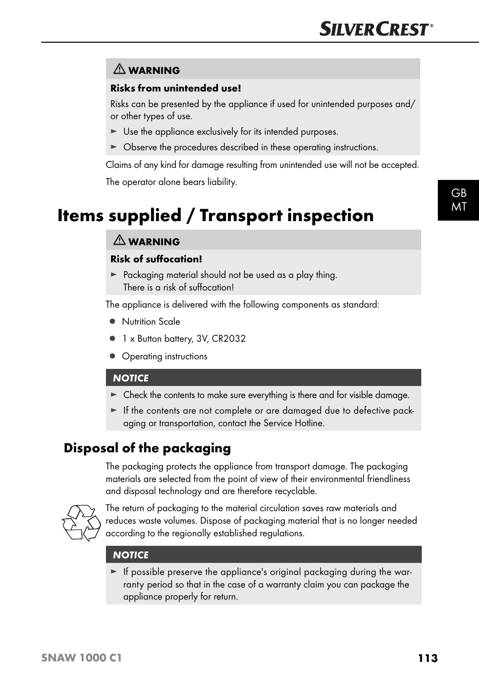 Items supplied / transport inspection, Disposal of the packaging, Gb mt | Silvercrest SNAW 1000 C1 User Manual | Page 116 / 183