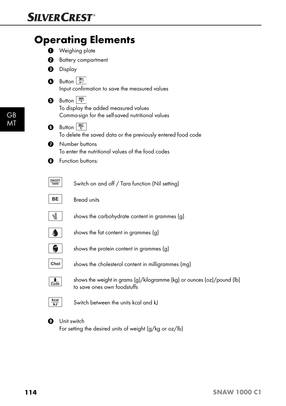 Operating elements, Gb mt | Silvercrest SNAW 1000 C1 User Manual | Page 117 / 183