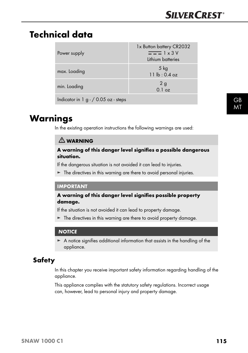 Technical data, Warnings, Safety | Gb mt | Silvercrest SNAW 1000 C1 User Manual | Page 118 / 183