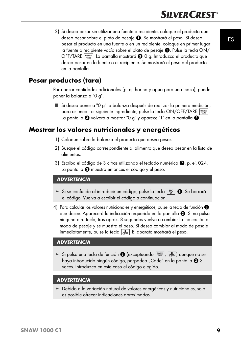 Pesar productos (tara), Mostrar los valores nutricionales y energéticos | Silvercrest SNAW 1000 C1 User Manual | Page 12 / 183