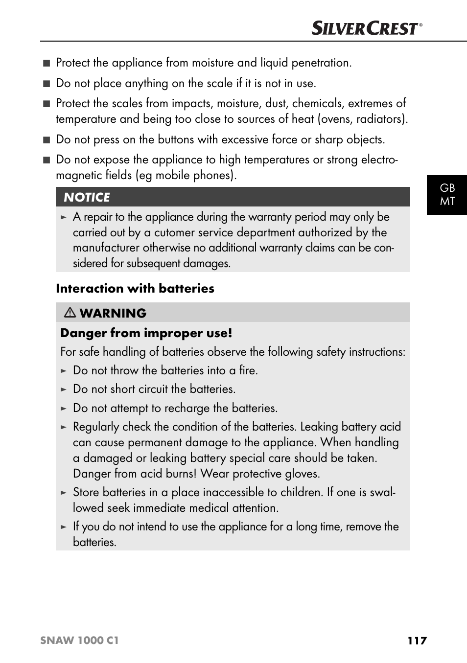 Do not throw the batteries into a ﬁ re, Do not short circuit the batteries, Do not attempt to recharge the batteries | Silvercrest SNAW 1000 C1 User Manual | Page 120 / 183