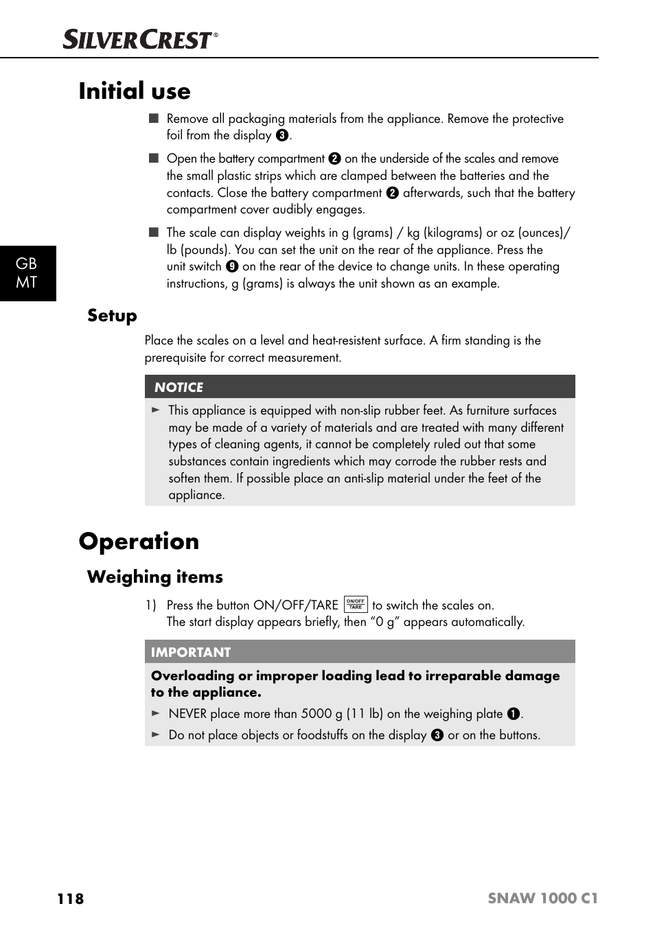 Initial use, Operation, Setup | Weighing items, Gb mt | Silvercrest SNAW 1000 C1 User Manual | Page 121 / 183