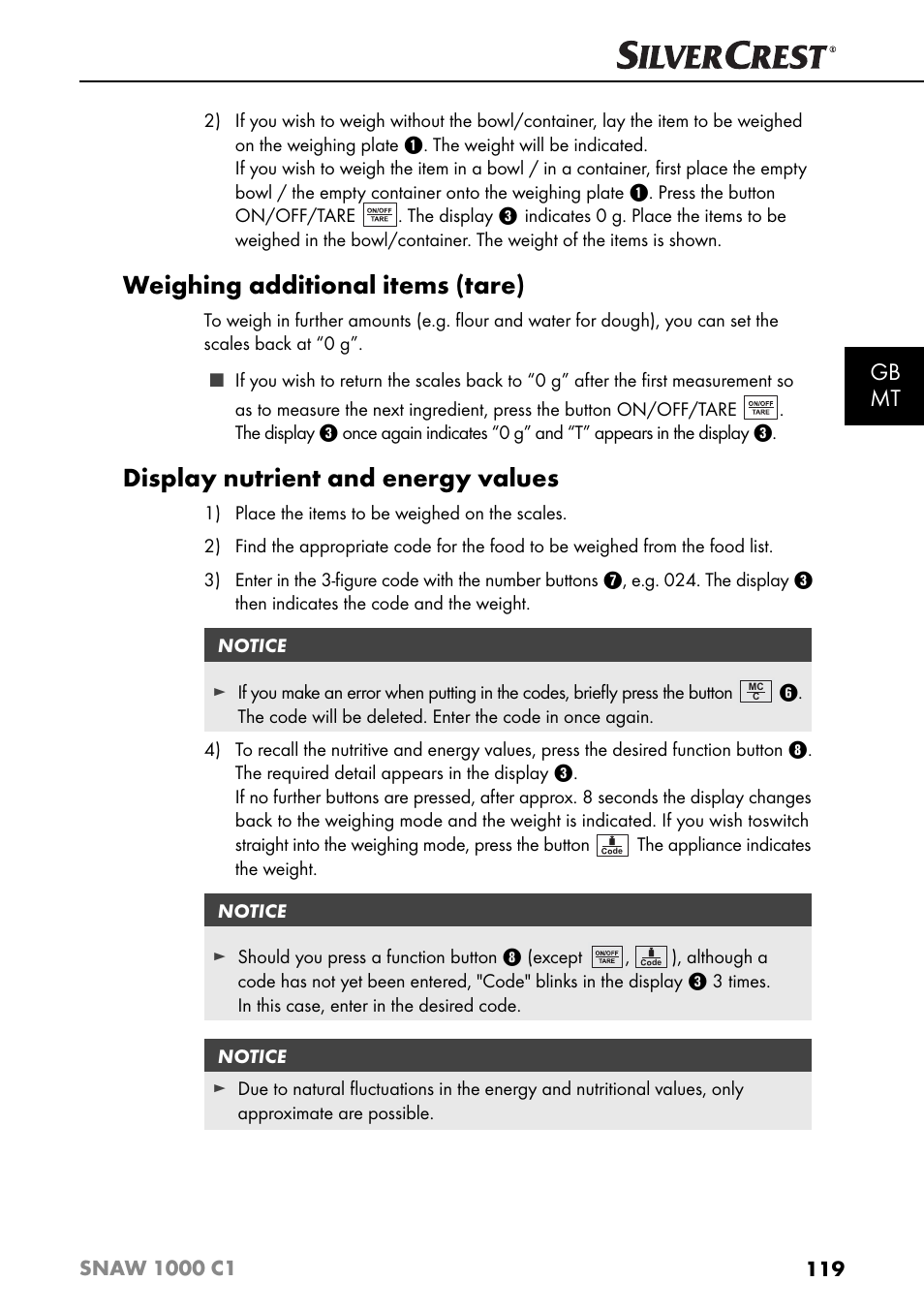Weighing additional items (tare), Display nutrient and energy values, Gb mt | Silvercrest SNAW 1000 C1 User Manual | Page 122 / 183