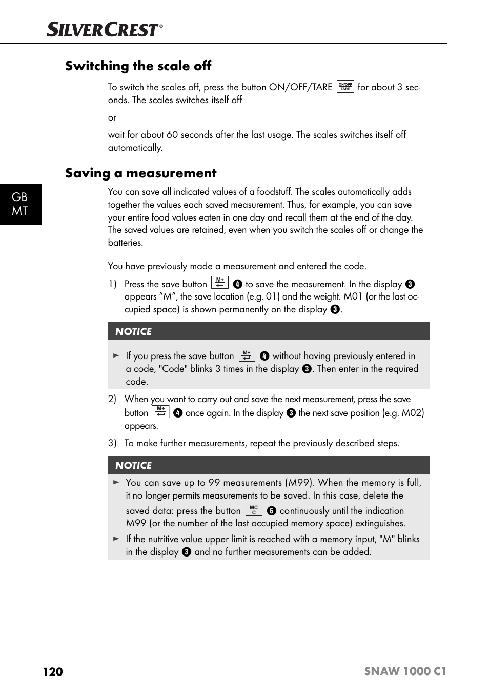 Switching the scale oﬀ, Saving a measurement, Gb mt | Silvercrest SNAW 1000 C1 User Manual | Page 123 / 183