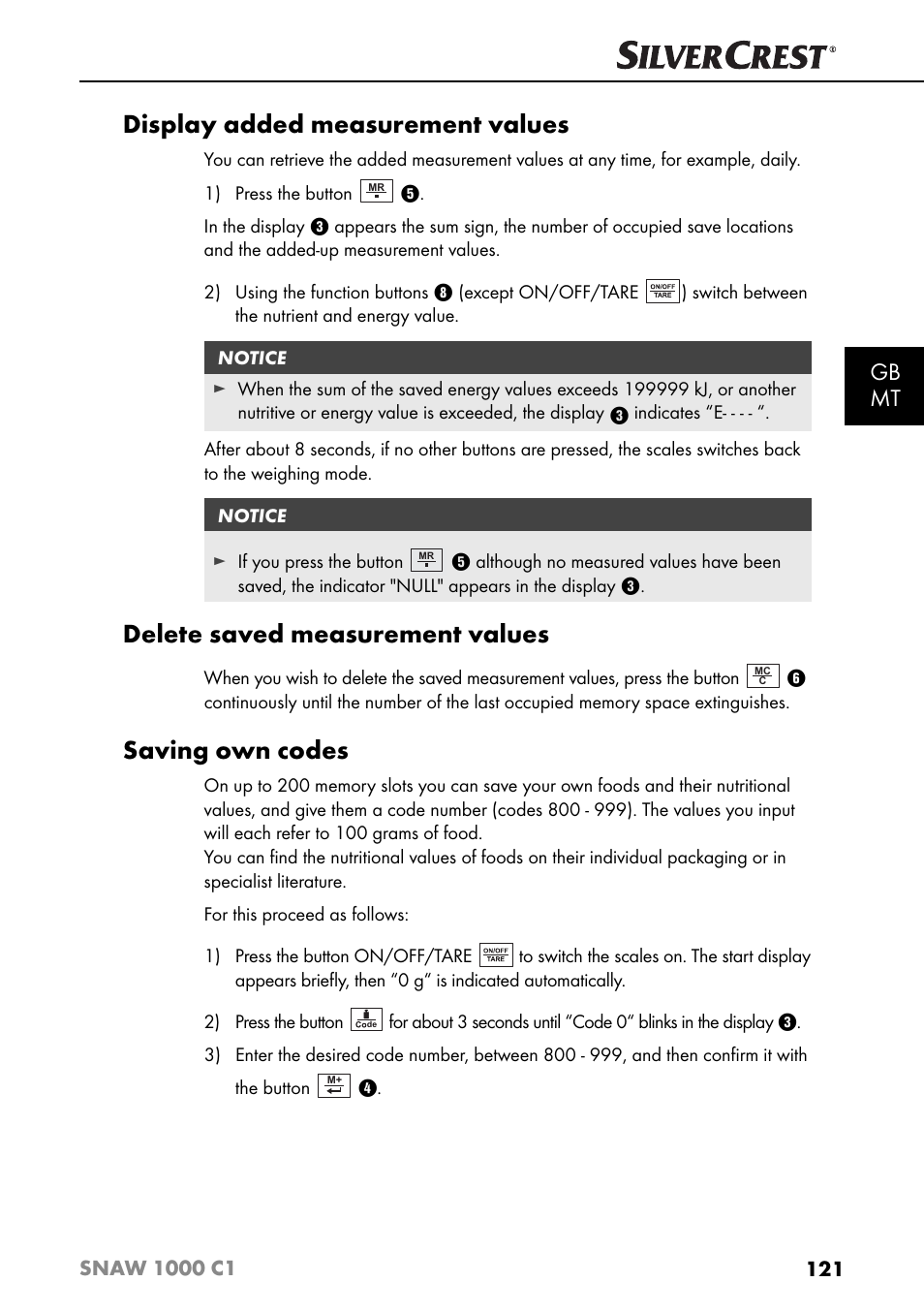 Display added measurement values, Delete saved measurement values, Saving own codes | Gb mt | Silvercrest SNAW 1000 C1 User Manual | Page 124 / 183