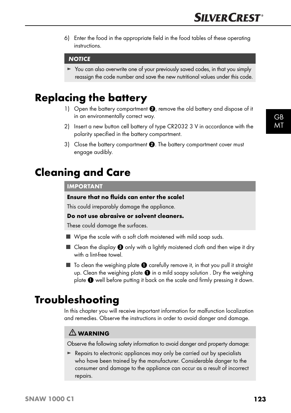 Replacing the battery, Cleaning and care, Troubleshooting | Gb mt | Silvercrest SNAW 1000 C1 User Manual | Page 126 / 183