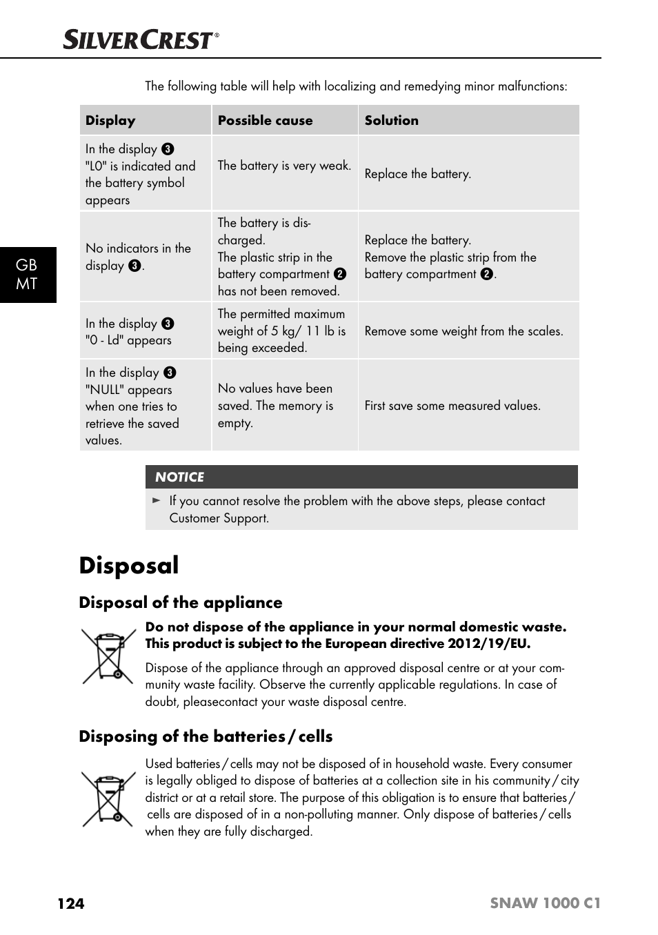 Disposal, Gb mt, Disposal of the appliance | Disposing of the batteries / cells | Silvercrest SNAW 1000 C1 User Manual | Page 127 / 183