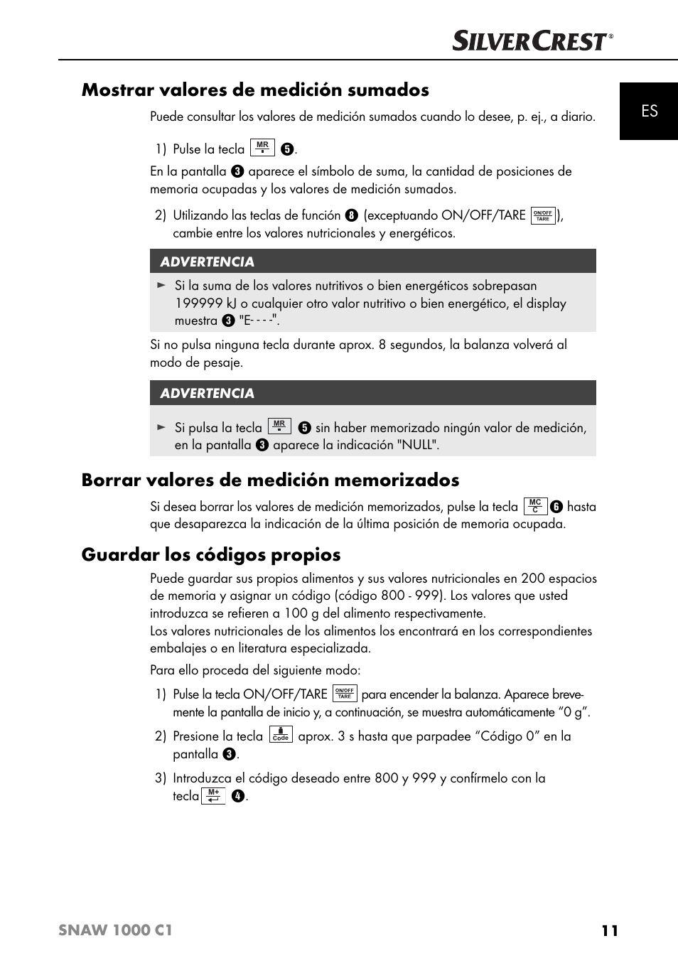 Mostrar valores de medición sumados, Guardar los códigos propios | Silvercrest SNAW 1000 C1 User Manual | Page 14 / 183