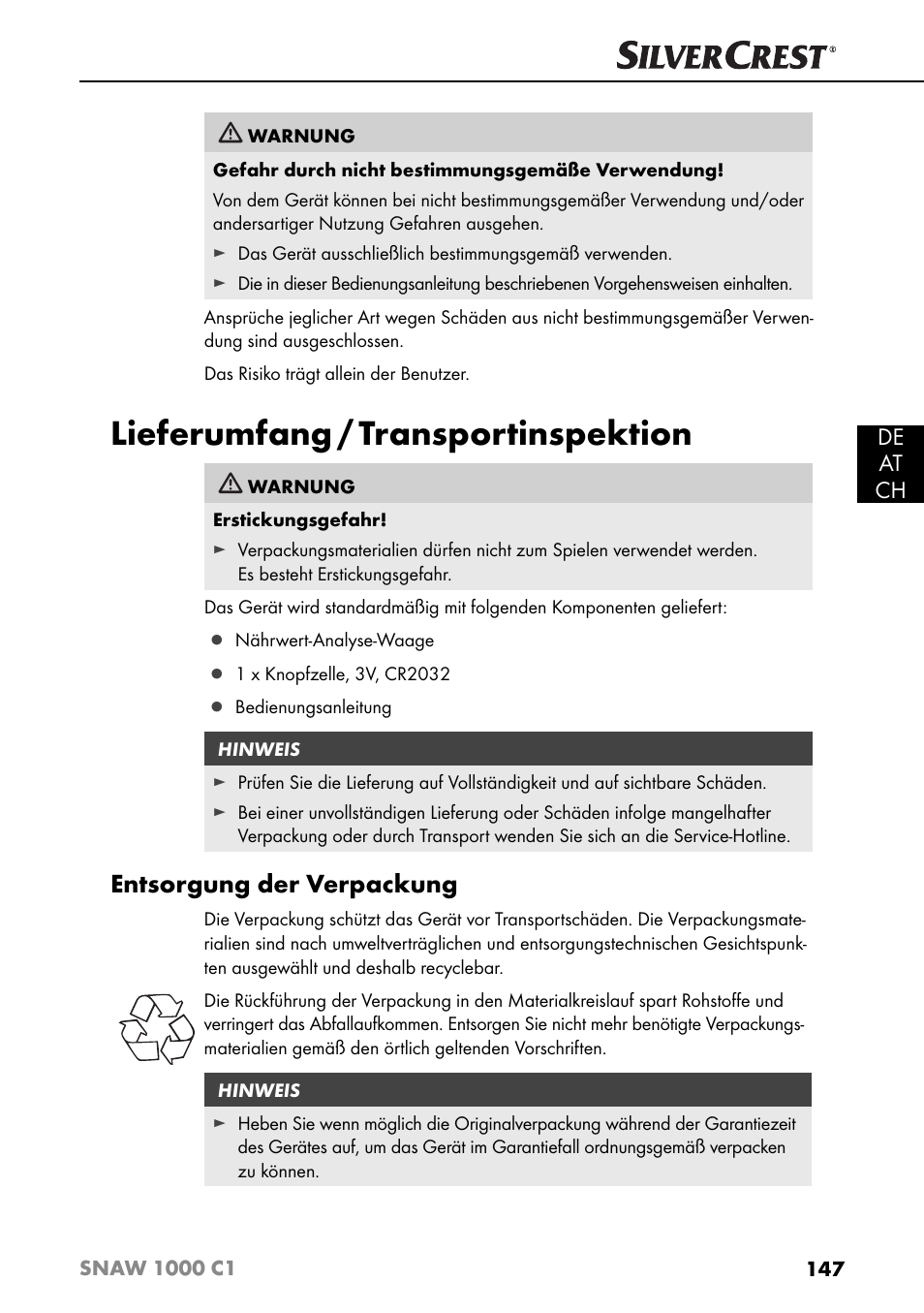 Lieferumfang / transportinspektion, Entsorgung der verpackung, De at ch | Silvercrest SNAW 1000 C1 User Manual | Page 150 / 183