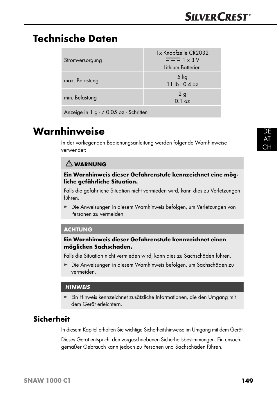 Technische daten, Warnhinweise, Sicherheit | De at ch | Silvercrest SNAW 1000 C1 User Manual | Page 152 / 183