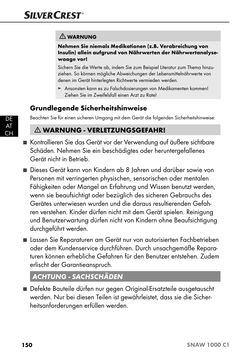 Grundlegende sicherheitshinweise, Warnung - verletzungsgefahr | Silvercrest SNAW 1000 C1 User Manual | Page 153 / 183