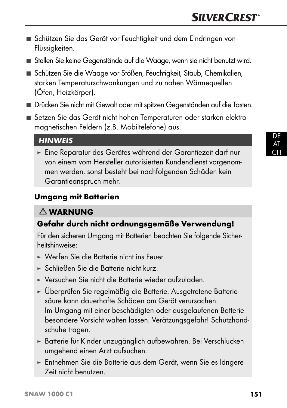 Hinweis, Werfen sie die batterie nicht ins feuer, Schließen sie die batterie nicht kurz | Versuchen sie nicht die batterie wieder aufzuladen | Silvercrest SNAW 1000 C1 User Manual | Page 154 / 183