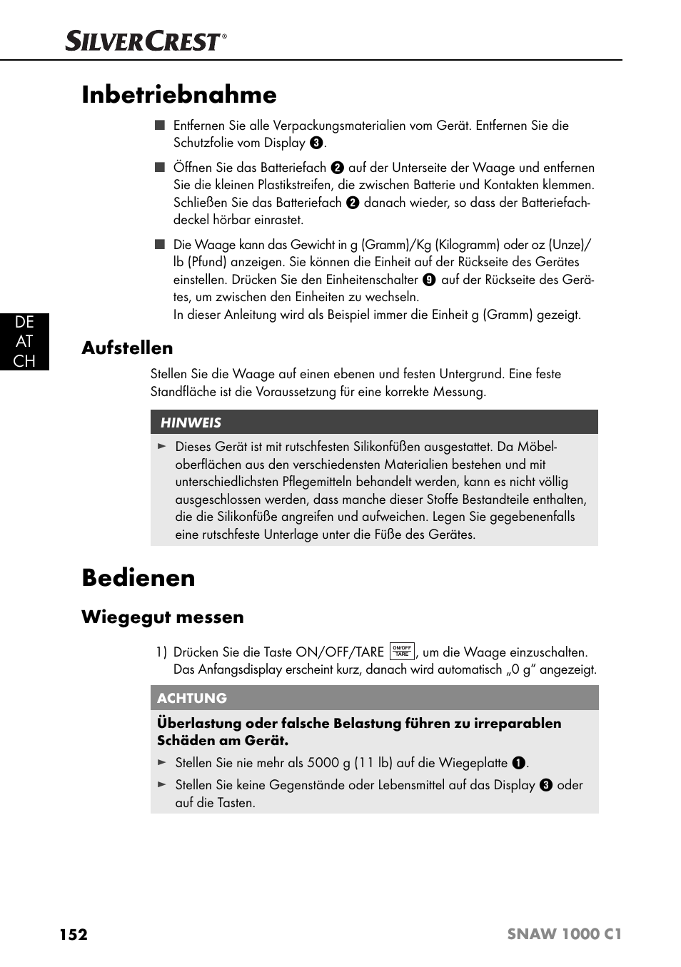 Inbetriebnahme, Bedienen, Aufstellen | Wiegegut messen, De at ch | Silvercrest SNAW 1000 C1 User Manual | Page 155 / 183