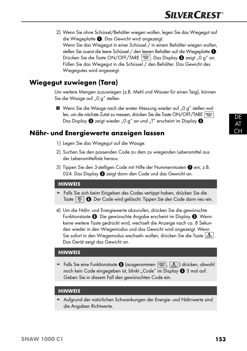 Wiegegut zuwiegen (tara), Nähr- und energiewerte anzeigen lassen, De at ch | Silvercrest SNAW 1000 C1 User Manual | Page 156 / 183