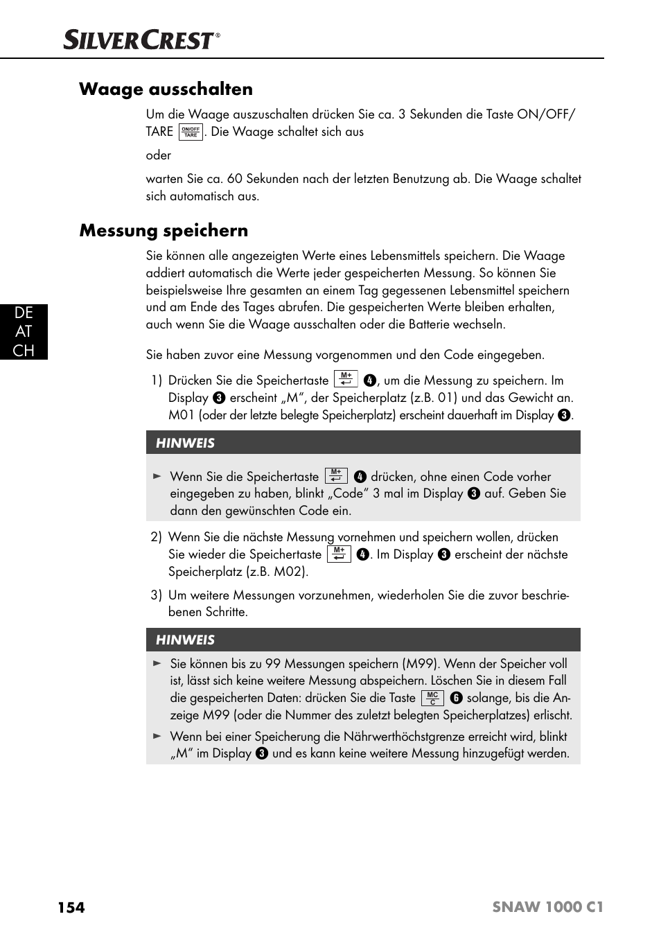 Waage ausschalten, Messung speichern, De at ch | Silvercrest SNAW 1000 C1 User Manual | Page 157 / 183