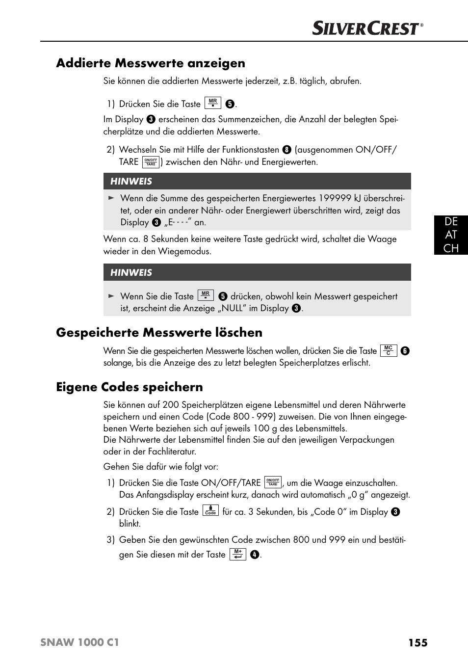 Addierte messwerte anzeigen, Gespeicherte messwerte löschen, Eigene codes speichern | De at ch | Silvercrest SNAW 1000 C1 User Manual | Page 158 / 183