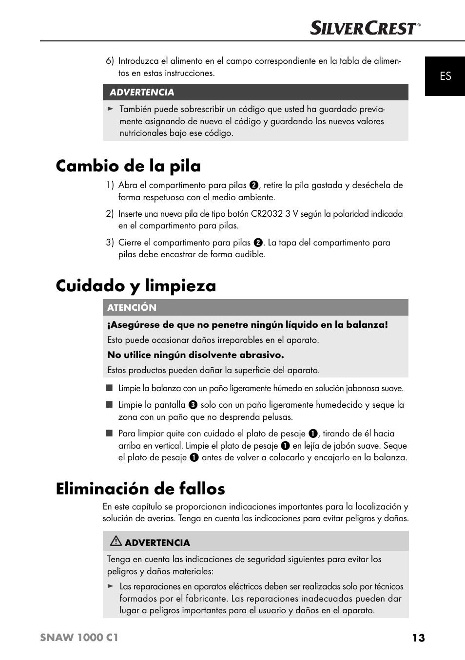 Cambio de la pila, Cuidado y limpieza, Eliminación de fallos | Silvercrest SNAW 1000 C1 User Manual | Page 16 / 183