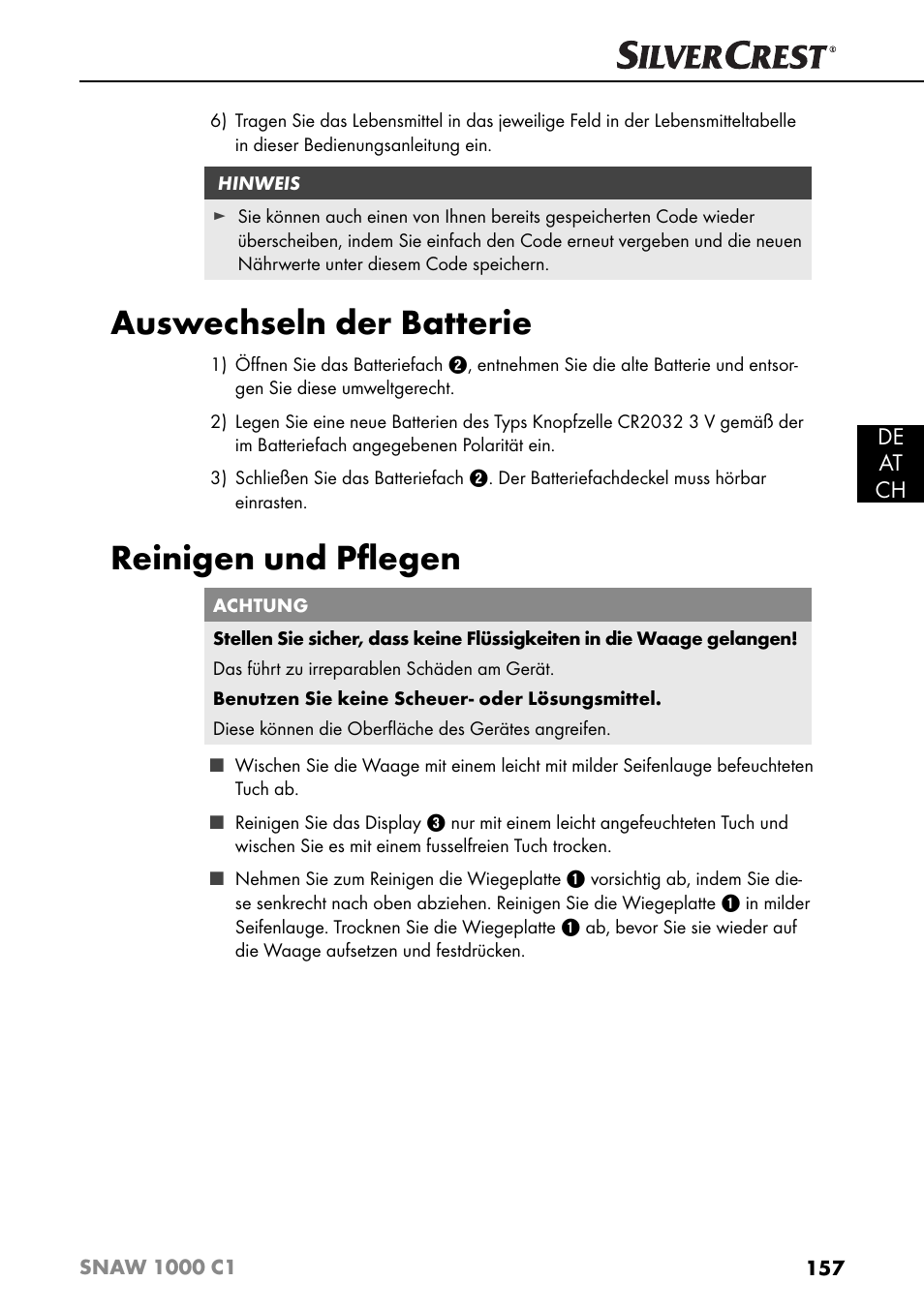 Auswechseln der batterie, Reinigen und pﬂ egen, De at ch | Silvercrest SNAW 1000 C1 User Manual | Page 160 / 183