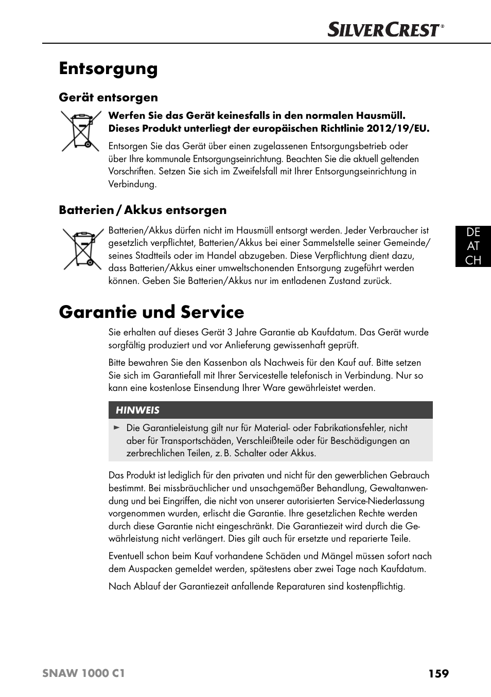 Entsorgung, Garantie und service | Silvercrest SNAW 1000 C1 User Manual | Page 162 / 183