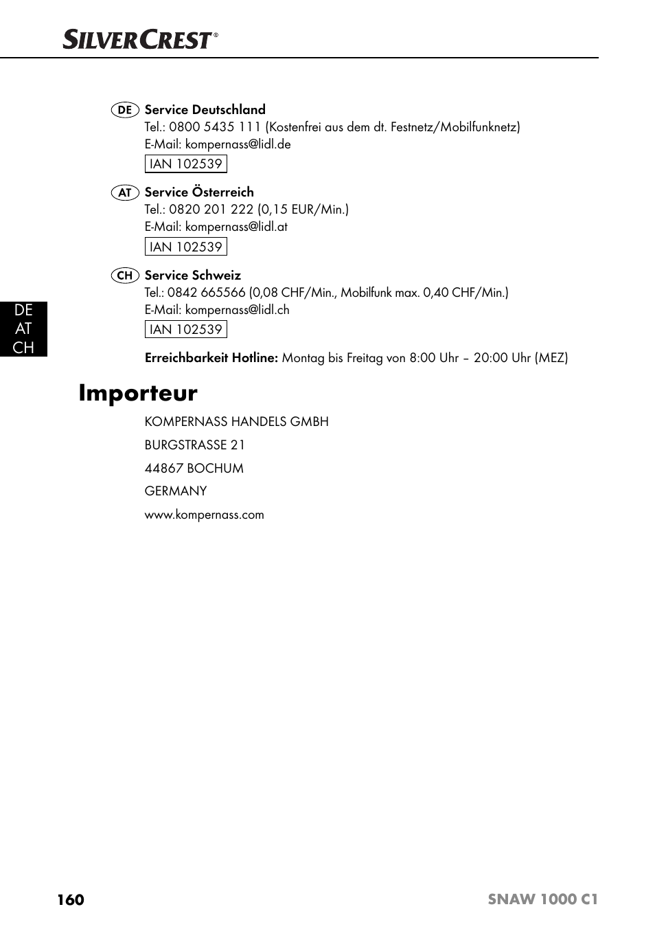 Importeur, De at ch | Silvercrest SNAW 1000 C1 User Manual | Page 163 / 183