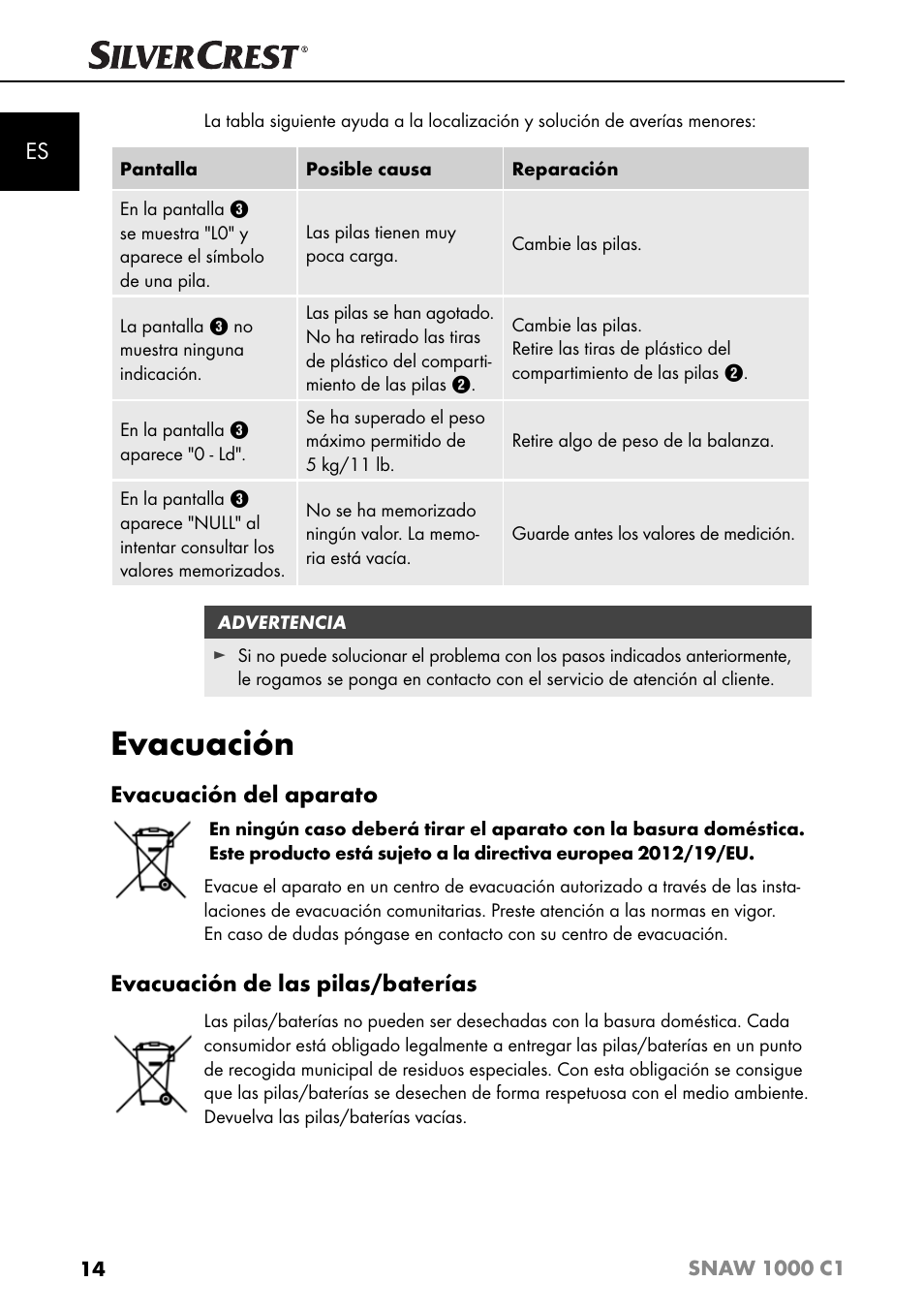 Evacuación, Evacuación del aparato, Evacuación de las pilas/baterías | Silvercrest SNAW 1000 C1 User Manual | Page 17 / 183