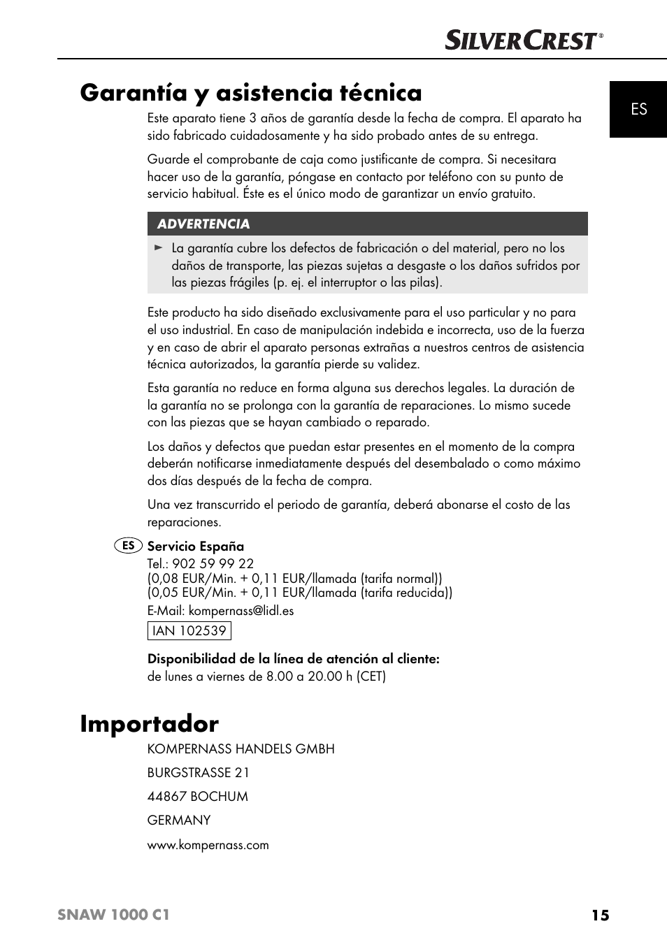 Garantía y asistencia técnica, Importador | Silvercrest SNAW 1000 C1 User Manual | Page 18 / 183