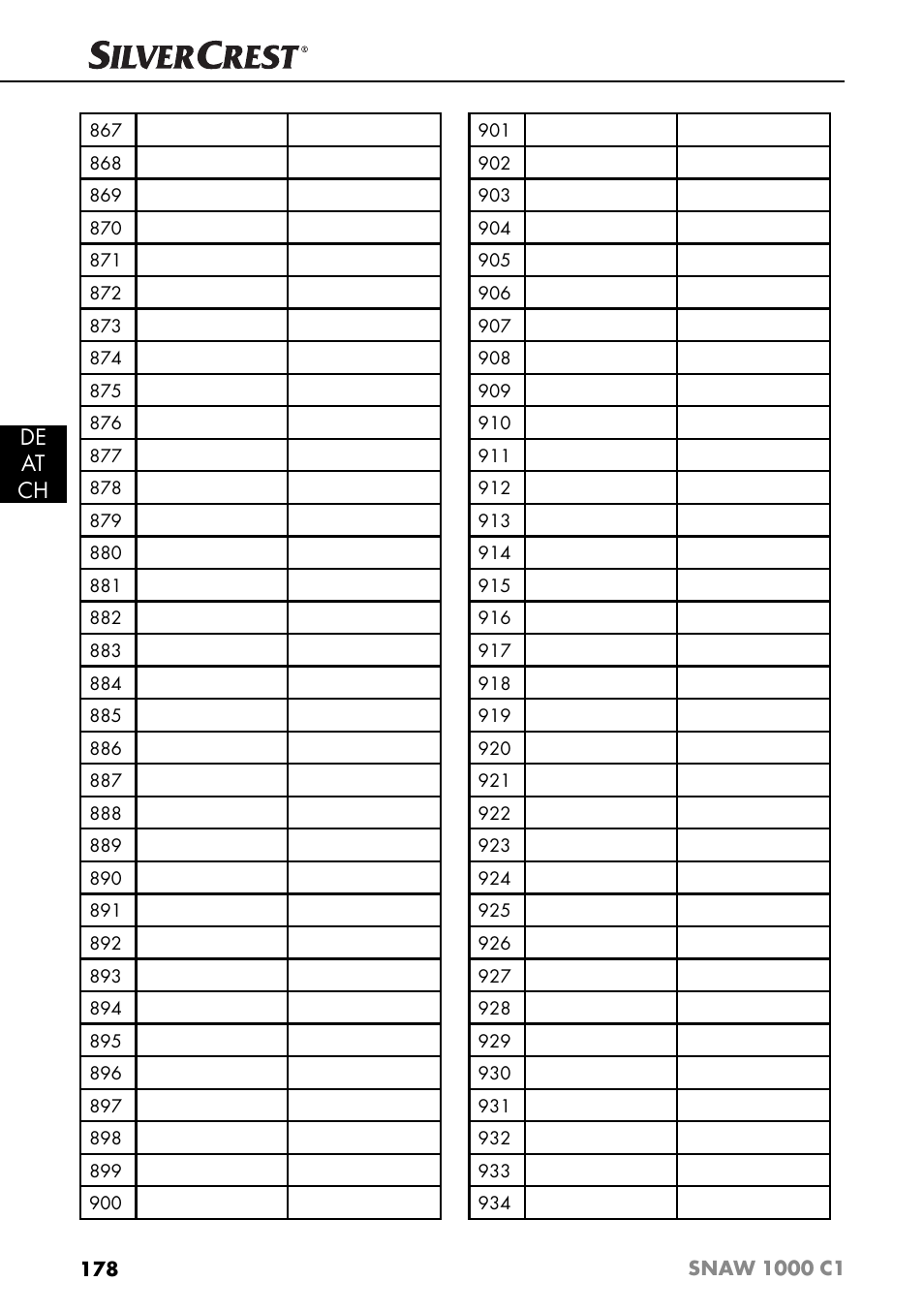 De at ch | Silvercrest SNAW 1000 C1 User Manual | Page 181 / 183