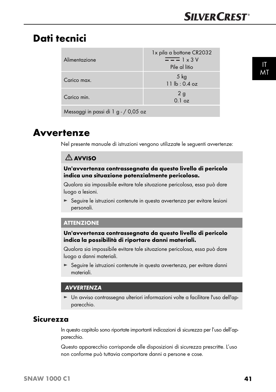 Dati tecnici, Avvertenze, Sicurezza | It mt | Silvercrest SNAW 1000 C1 User Manual | Page 44 / 183