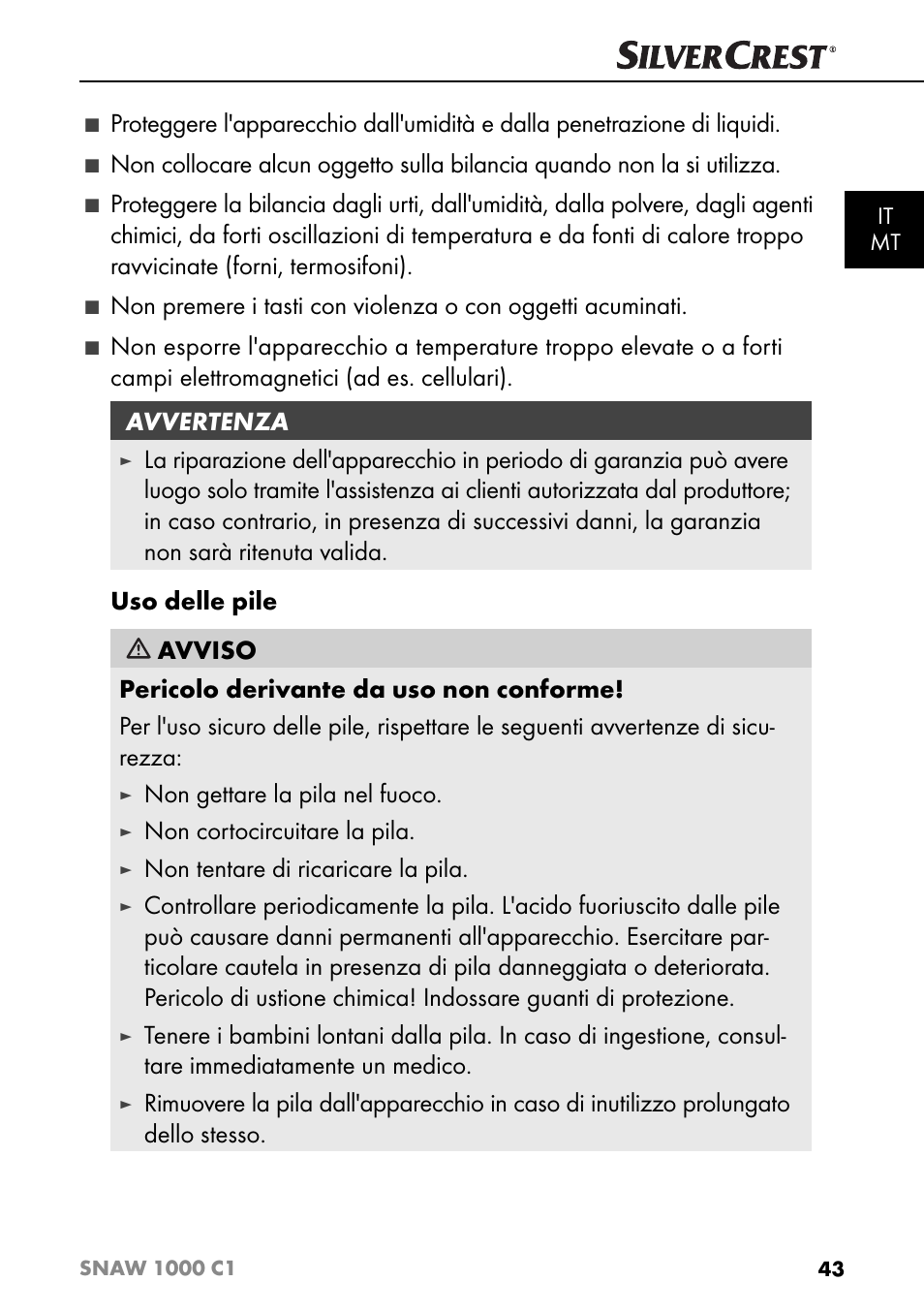 Non gettare la pila nel fuoco, Non cortocircuitare la pila, Non tentare di ricaricare la pila | Silvercrest SNAW 1000 C1 User Manual | Page 46 / 183