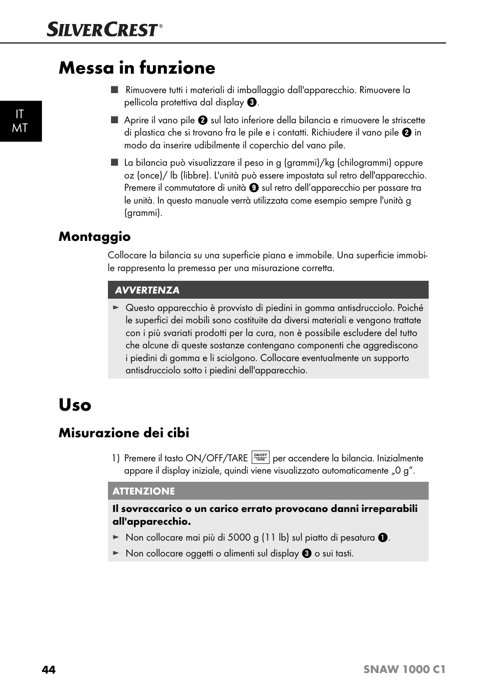 Messa in funzione, Montaggio, Misurazione dei cibi | It mt | Silvercrest SNAW 1000 C1 User Manual | Page 47 / 183