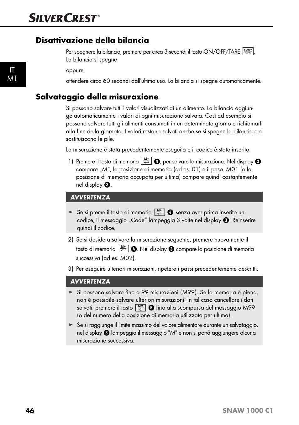 Disattivazione della bilancia, Salvataggio della misurazione, It mt | Silvercrest SNAW 1000 C1 User Manual | Page 49 / 183