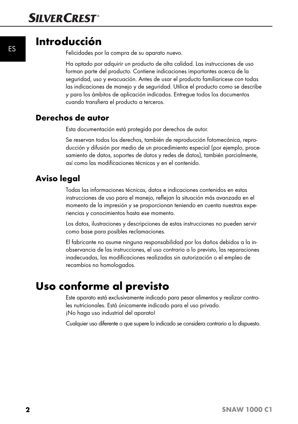 Introducción, Uso conforme al previsto, Derechos de autor | Aviso legal | Silvercrest SNAW 1000 C1 User Manual | Page 5 / 183