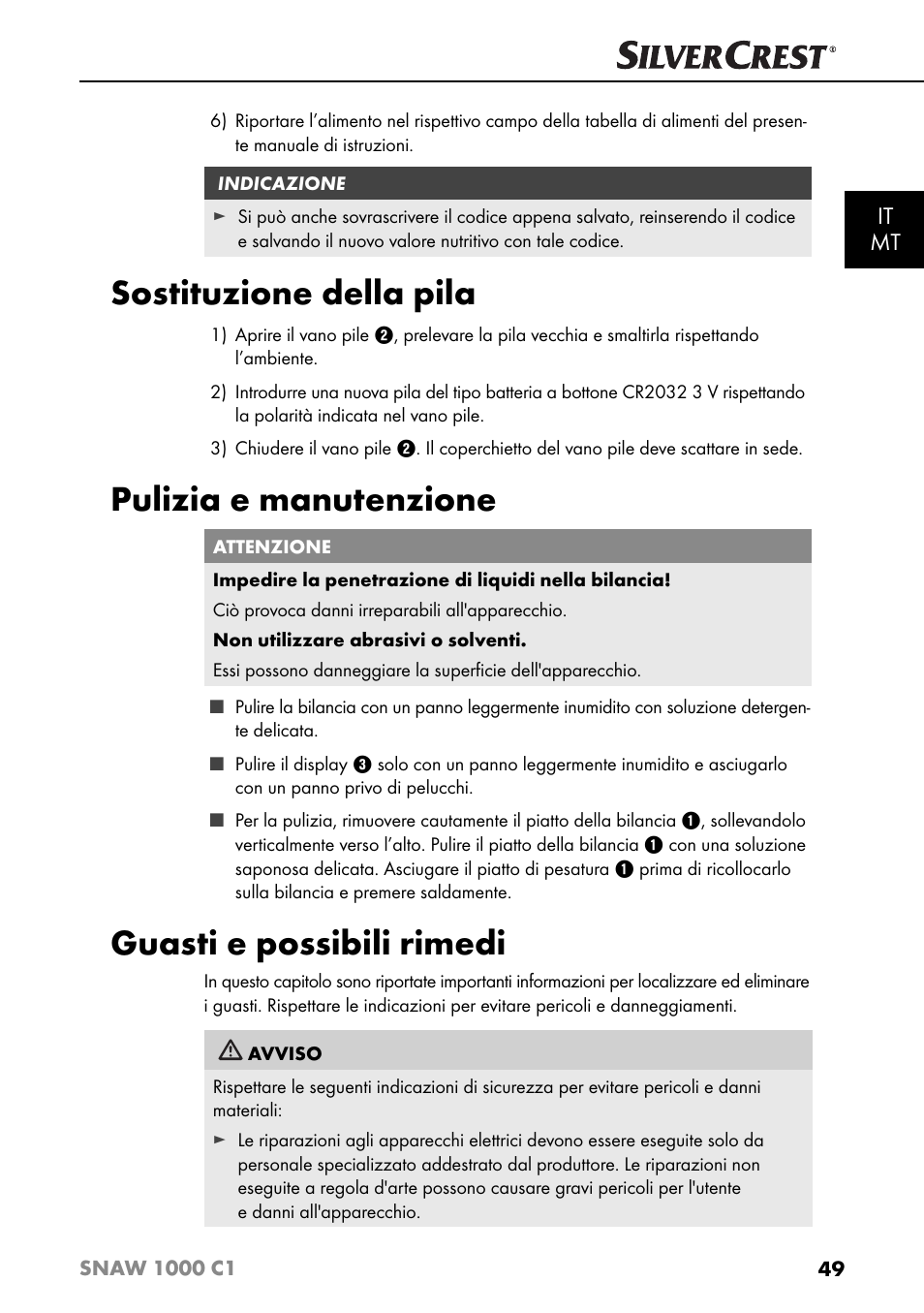 Sostituzione della pila, Pulizia e manutenzione, Guasti e possibili rimedi | It mt | Silvercrest SNAW 1000 C1 User Manual | Page 52 / 183