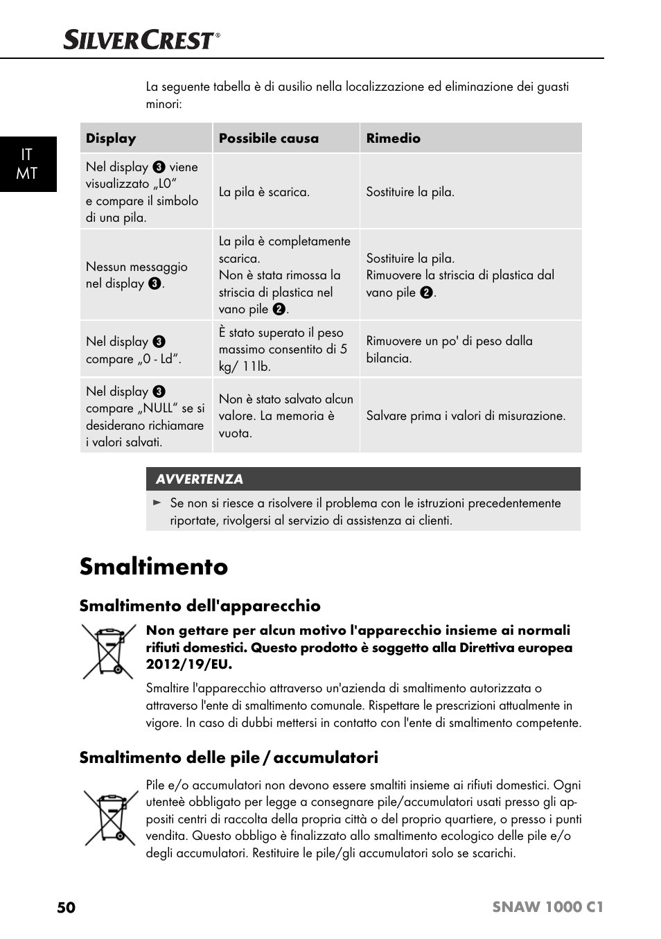 Smaltimento, It mt, Smaltimento dell'apparecchio | Smaltimento delle pile / accumulatori | Silvercrest SNAW 1000 C1 User Manual | Page 53 / 183