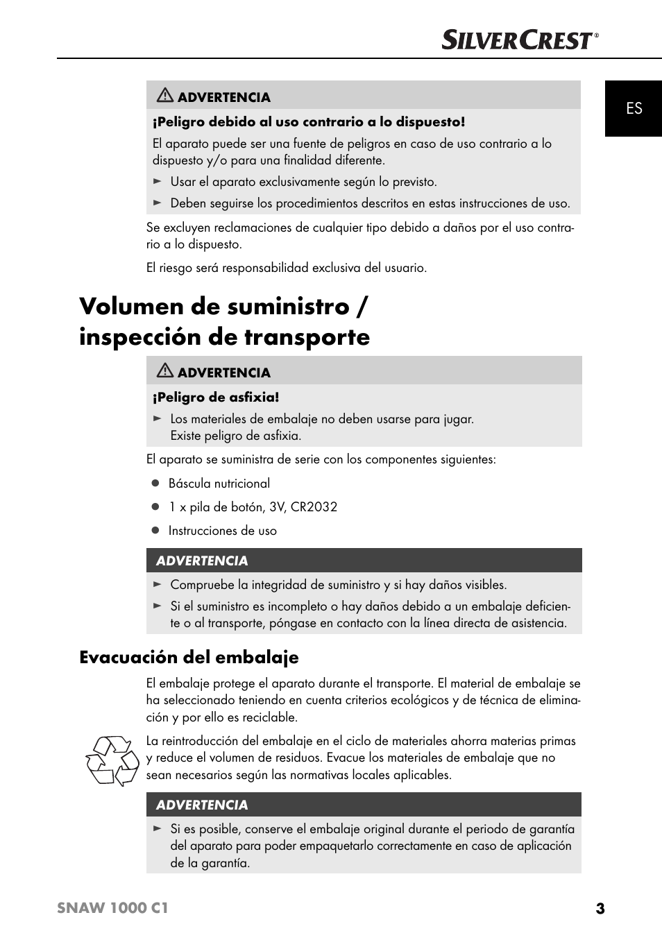 Volumen de suministro / inspección de transporte, Evacuación del embalaje | Silvercrest SNAW 1000 C1 User Manual | Page 6 / 183