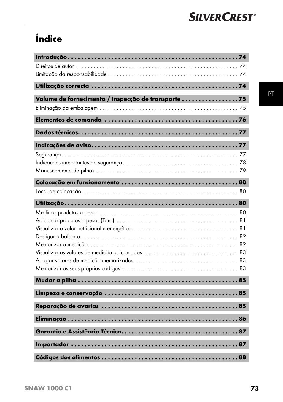 Índice | Silvercrest SNAW 1000 C1 User Manual | Page 76 / 183