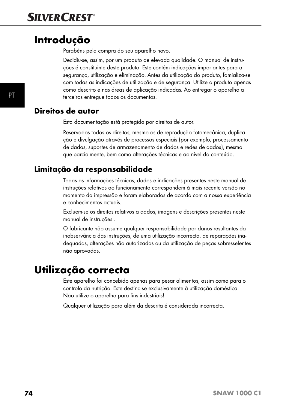 Introdução, Utilização correcta, Direitos de autor | Limitação da responsabilidade | Silvercrest SNAW 1000 C1 User Manual | Page 77 / 183