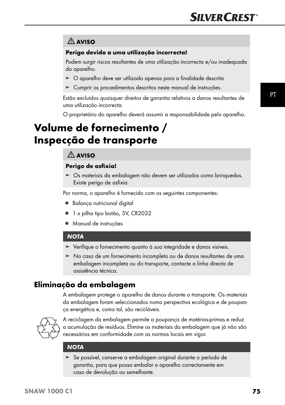 Volume de fornecimento / inspecção de transporte, Eliminação da embalagem | Silvercrest SNAW 1000 C1 User Manual | Page 78 / 183