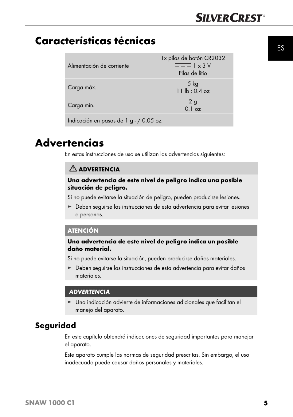 Características técnicas, Advertencias, Seguridad | Silvercrest SNAW 1000 C1 User Manual | Page 8 / 183