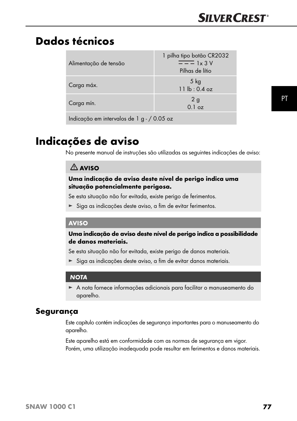 Dados técnicos, Indicações de aviso, Segurança | Silvercrest SNAW 1000 C1 User Manual | Page 80 / 183