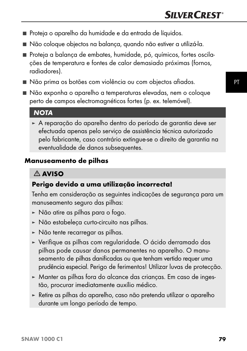 Não atire as pilhas para o fogo, Não estabeleça curto-circuito nas pilhas, Não tente recarregar as pilhas | Silvercrest SNAW 1000 C1 User Manual | Page 82 / 183